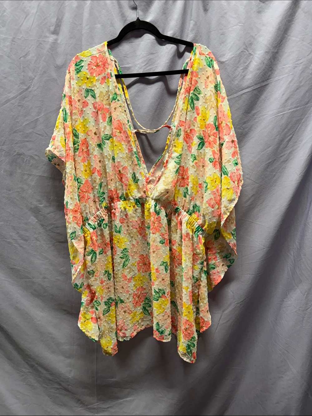 Time and Tru Floral Swim Coverup in Coral, Yellow, Green on Cream